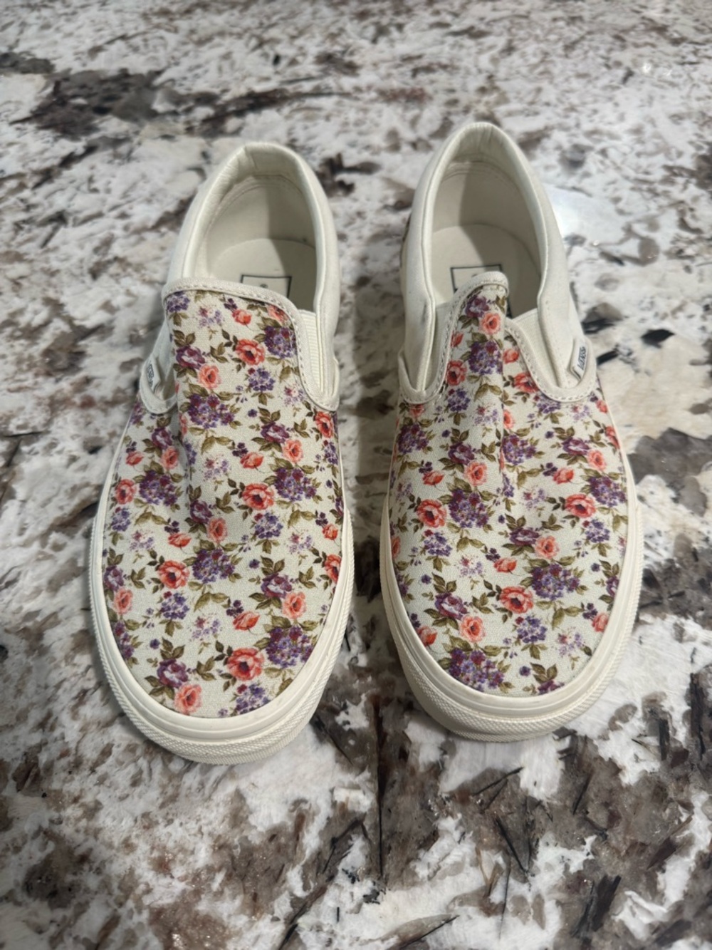 Vans Floral Slip-On Sneakers - Cream with Pink & Purple Flowers